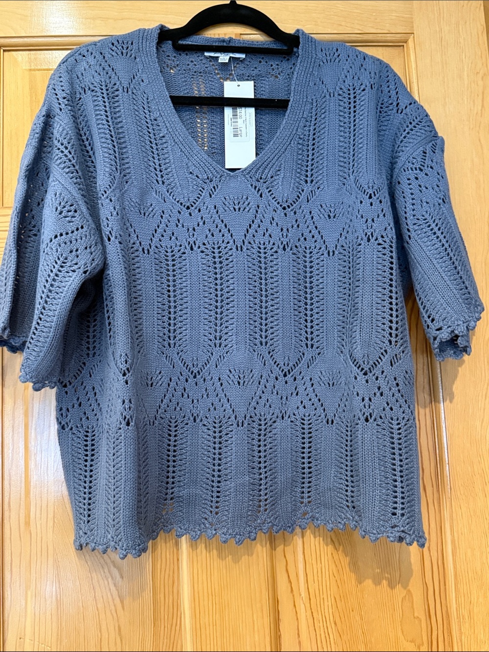 Polagram Slate Blue V-Neck Pointelle Knit Sweater